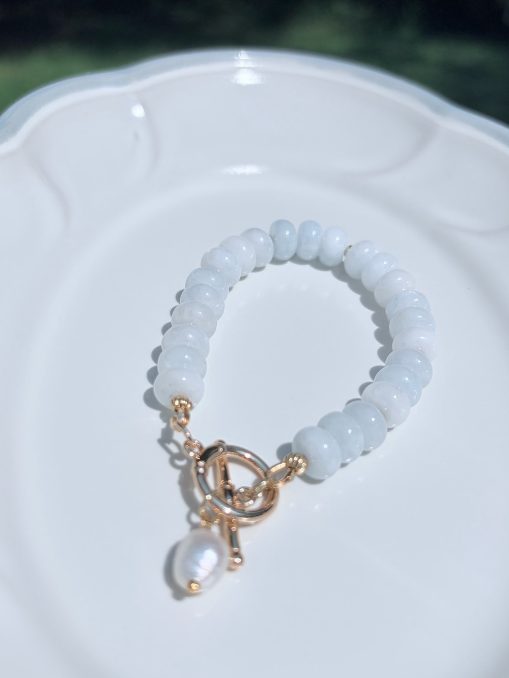 B4 Handmade Aquamarine Natural Gemstone Bracelet with Fresh Water Pearl